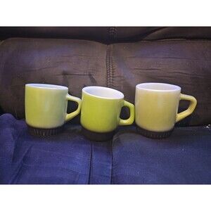 Vintage Anchor Hocking Fire King Avocado Green Black Coffee Mugs Set Of 3
